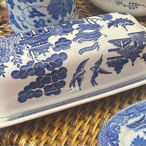 Blue and White Porcelain Butter Dish - Classic Willow Pattern